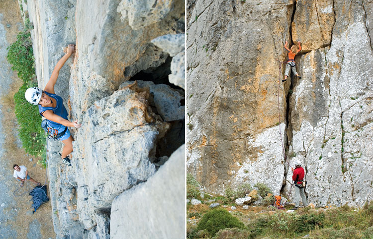 de gauche à droite Julia Ricken dans "Fodele" (5b+) et Valérie Bader à Dhamnony bay cliff.